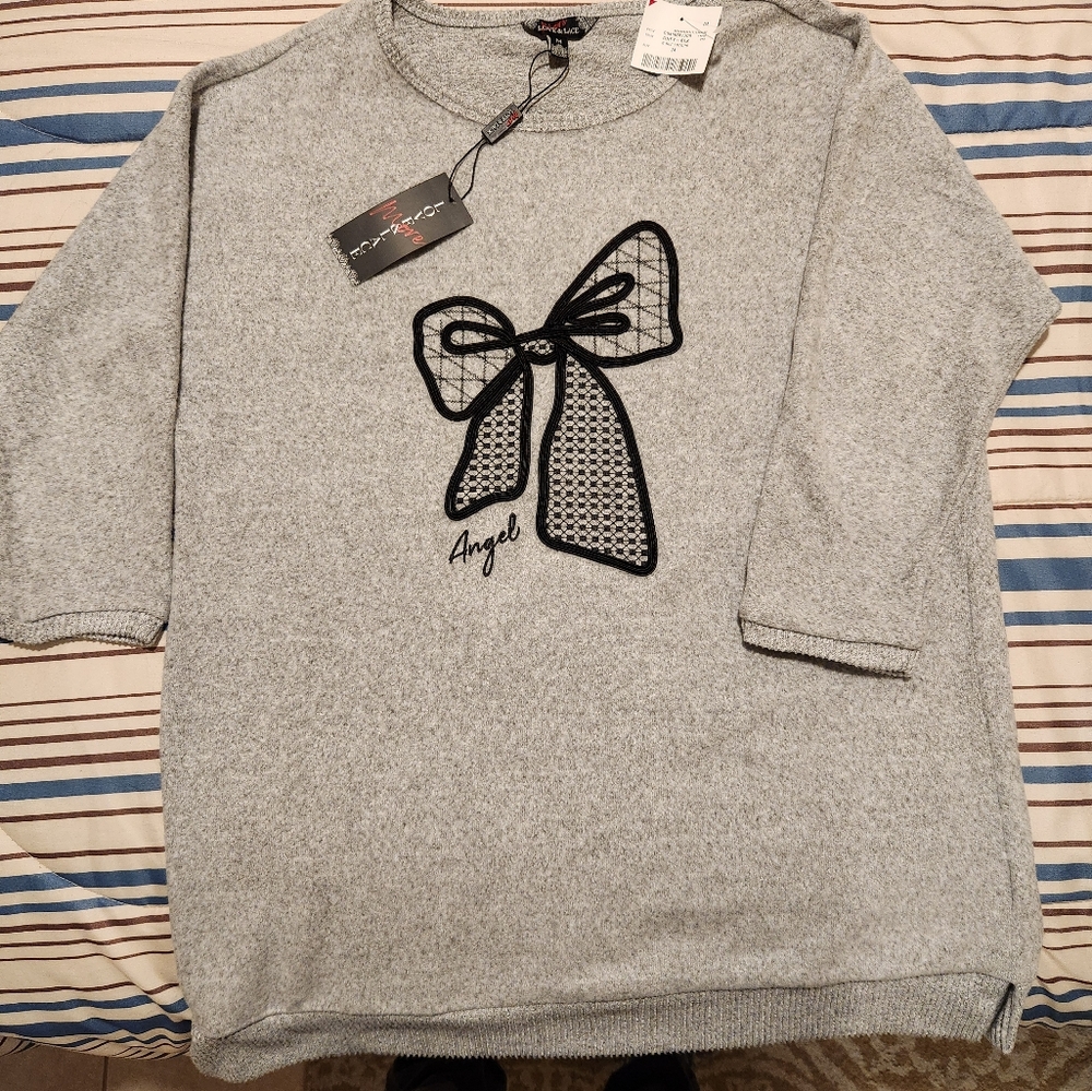 More Love & Lace Gray Sweater with Black Bow & Angel Design